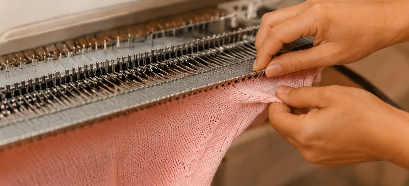 Manos trabajando una máquina tejedora con hilo rosado